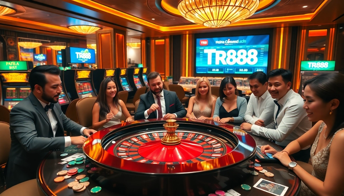 Excited gamblers participating at nhà cái TR88’s luxurious casino featuring roulette and poker tables.