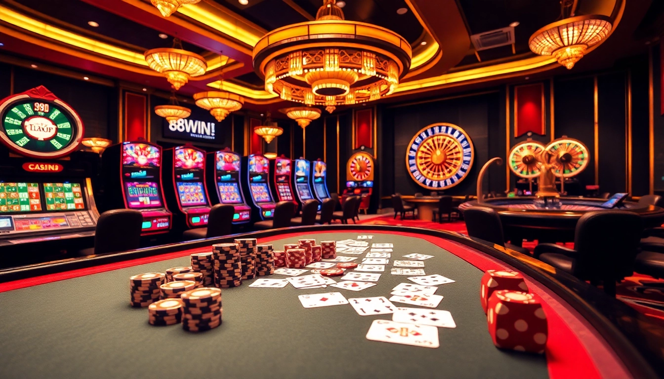 Play at 98WIN casino with vibrant gaming tables, poker chips, and luxurious slot machines.