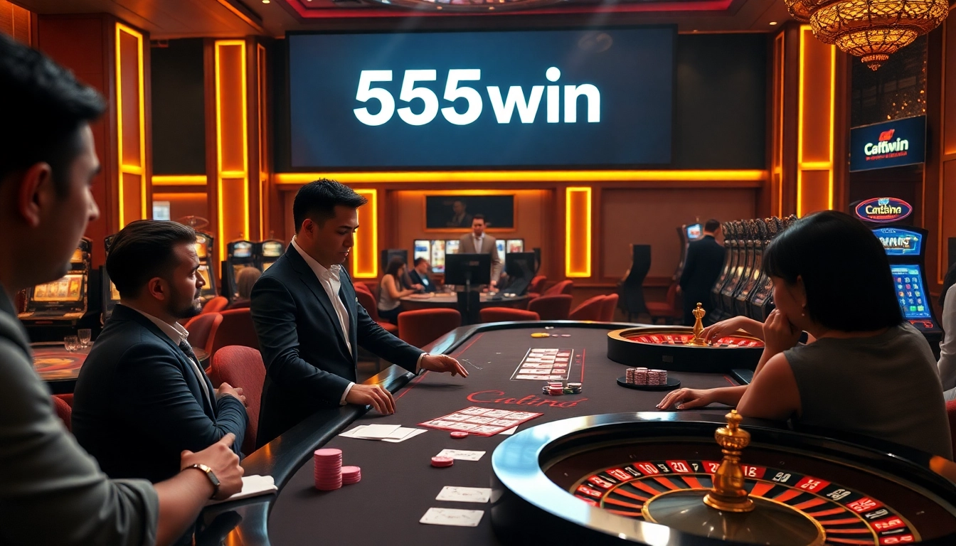 Players enjoying a thrilling game at the 555win casino table with rich poker chips and cards.