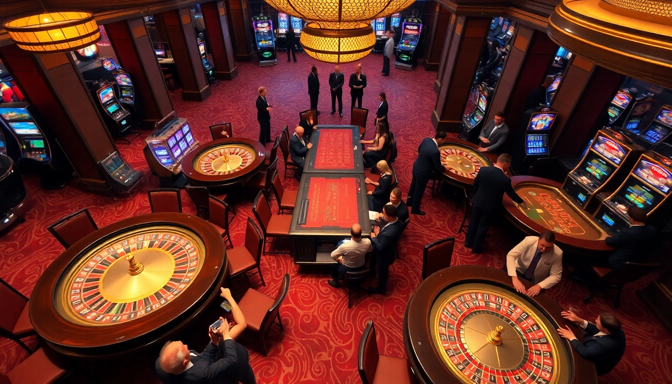Nohu players engaging at vibrant casino tables with roulette wheels and slot machines.