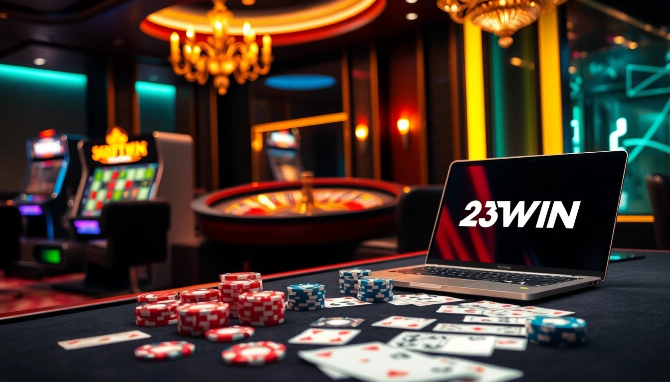 Experience the thrill of winning at 23WIN with a vibrant casino scene featuring gaming tables and slots.
