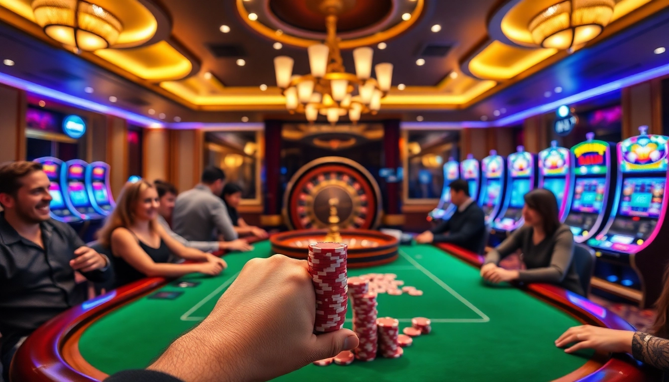 Players enjoying high-stakes poker at B52club in a vibrant casino atmosphere.