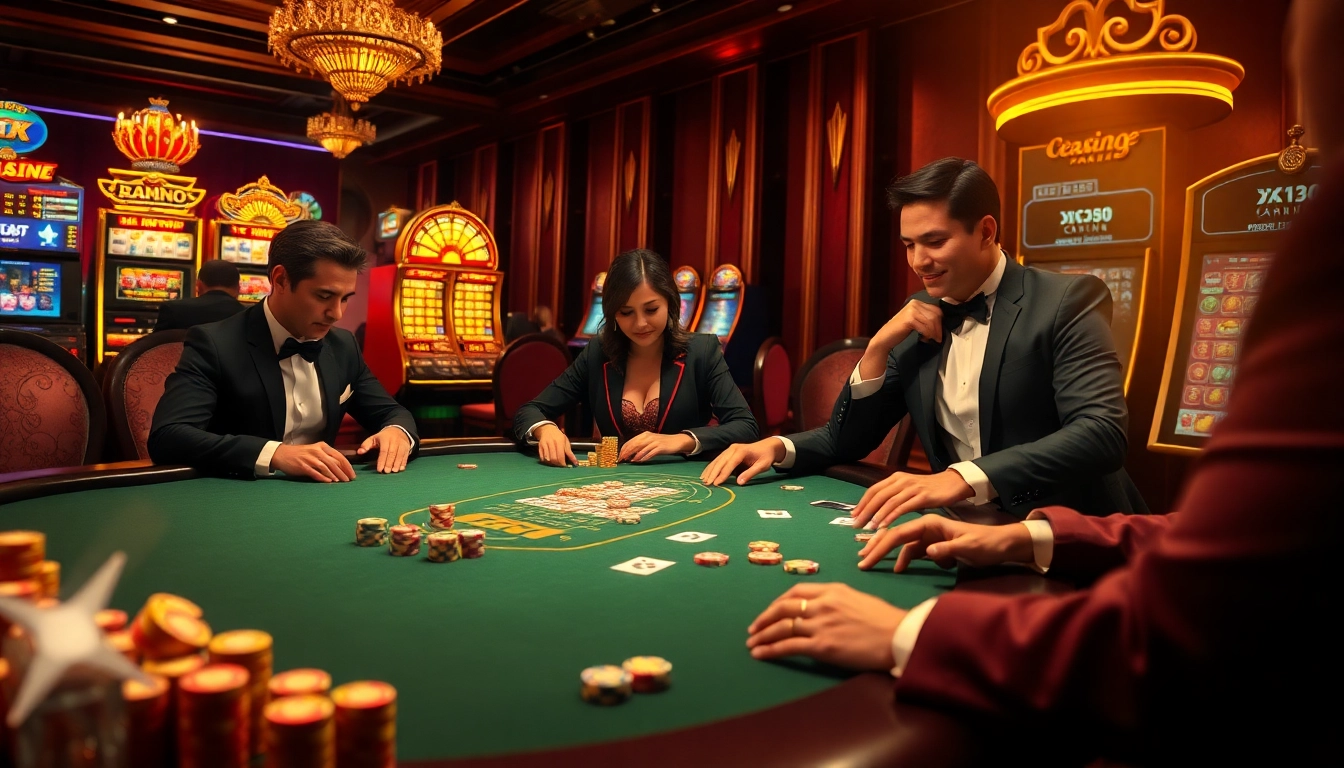 Players immersing in a high-stakes poker game at xx88 casino, with vibrant slot machines.