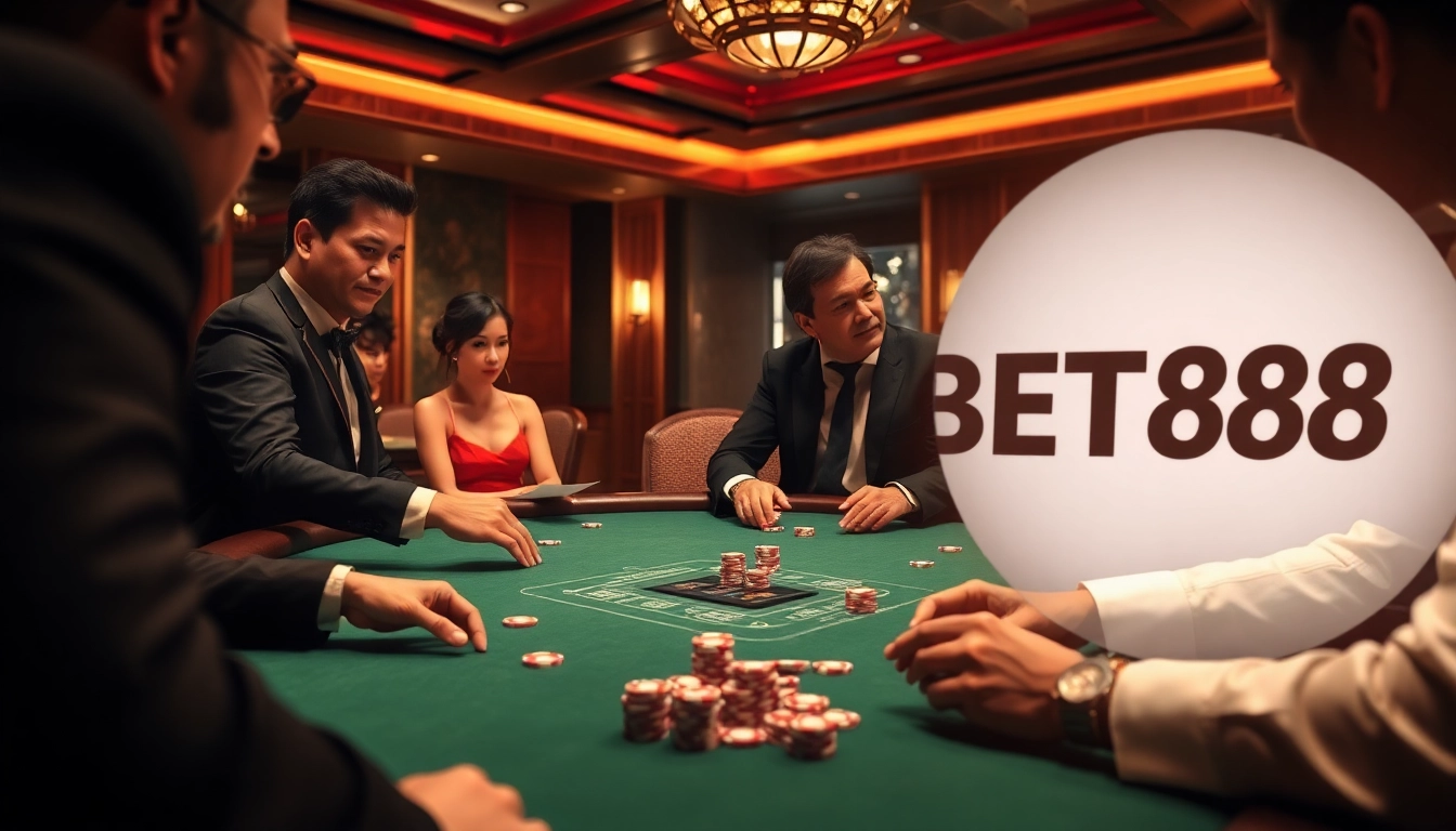 Engaged players strategizing their bets in a luxurious BET88-themed poker room.