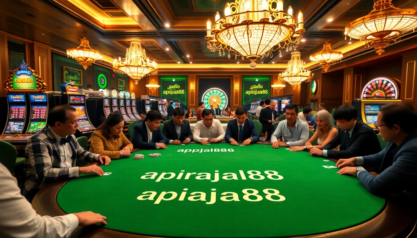 Exciting poker action at apiraja88 casino table featuring luxury slot machines and roulette.
