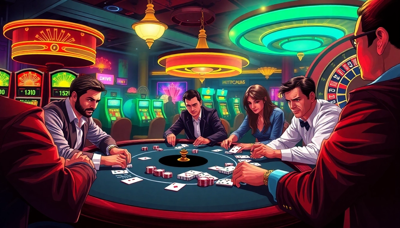 Gamblers at Hitclub engage in high-stakes poker with vibrant casino elements in the background.