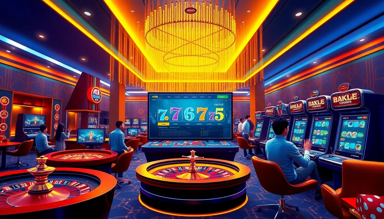 Nk88 online casino scene showcasing poker chips, roulette, and players enjoying games.