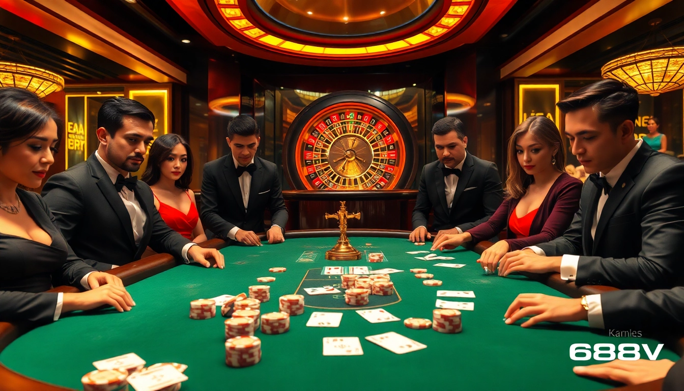 Experience high-stakes poker at 688v with vibrant chips and thrilling casino ambiance.