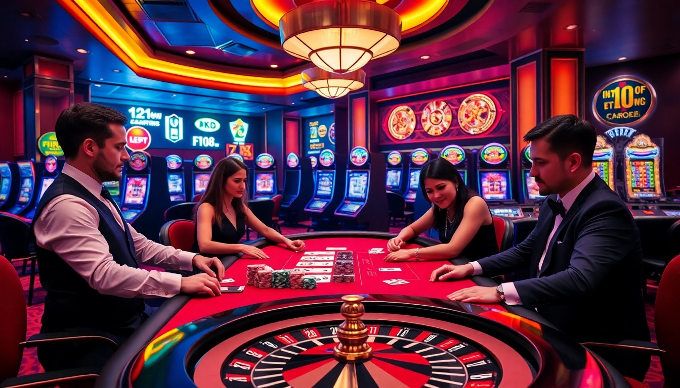 Players enjoying an intense poker game at a luxurious F168-themed casino table.