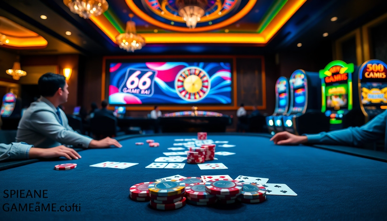 Exciting players enjoy 68 game bài at a luxury casino poker table with cards and chips.