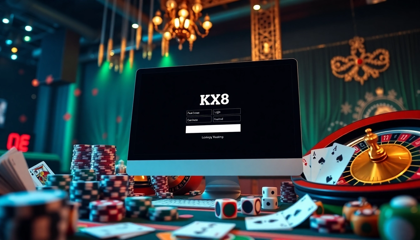 Login KX8 interface surrounded by poker chips and casino elements in a luxurious setting.