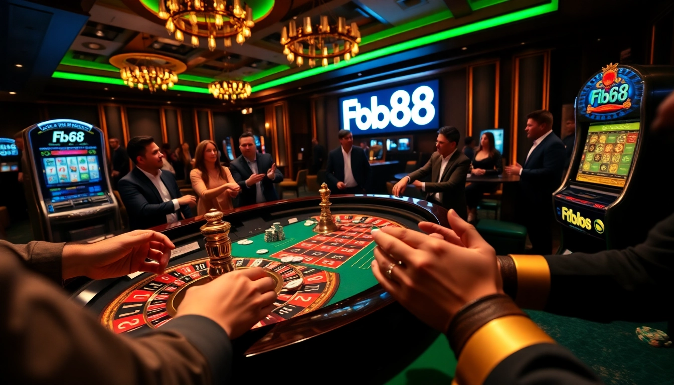 Players betting with poker chips at the Fb68 casino, capturing excitement and luxury.