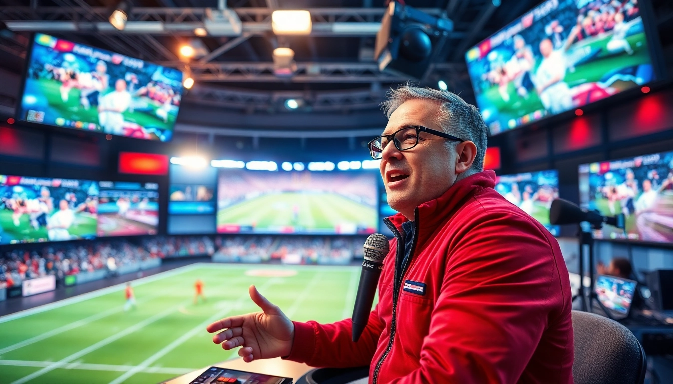 Engaging sports broadcasting scene showcasing a passionate sportscaster discussing Sports Broadcasting highlights in a vibrant studio.