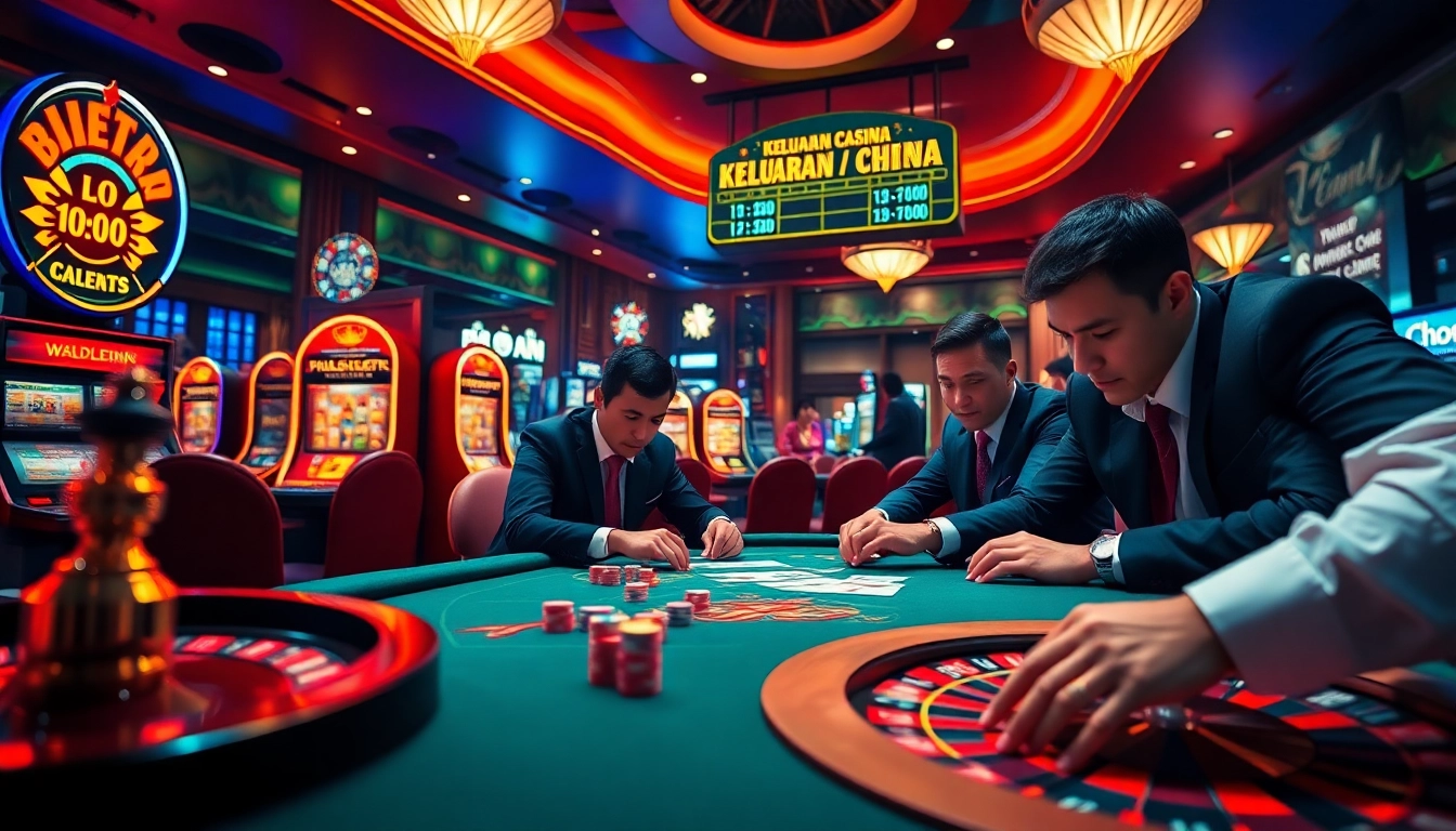 Keluaran china displayed at a thrilling casino table with poker players and a roulette wheel.