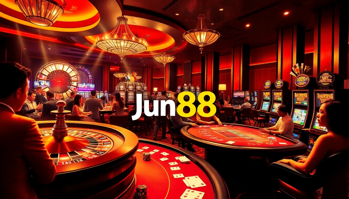 Experience the thrill of Jun88 casino with vibrant games like roulette and poker tables.