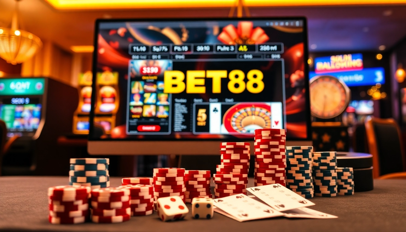Experience the excitement of BET88 with vibrant slot machines and poker chips.