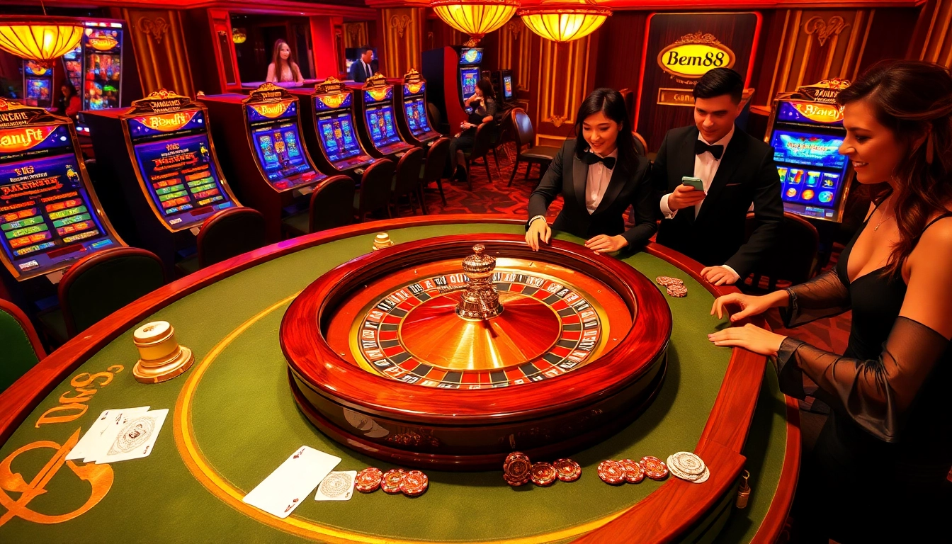 Experience the excitement of winning at a Bem88 gambling scene showcasing Baccarat, roulette, and vibrant slot machines.