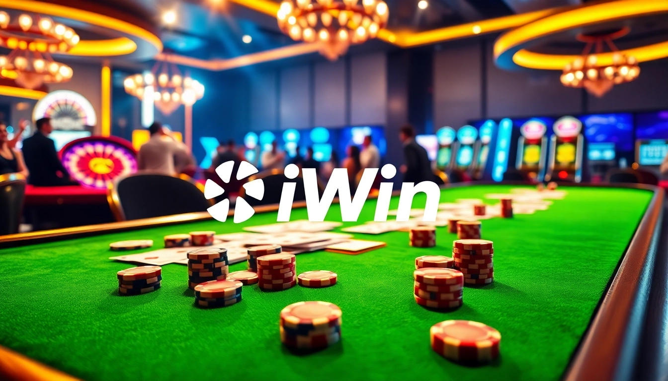 Experience thrilling gameplay at iWin's modern casino with poker chips and roulette.