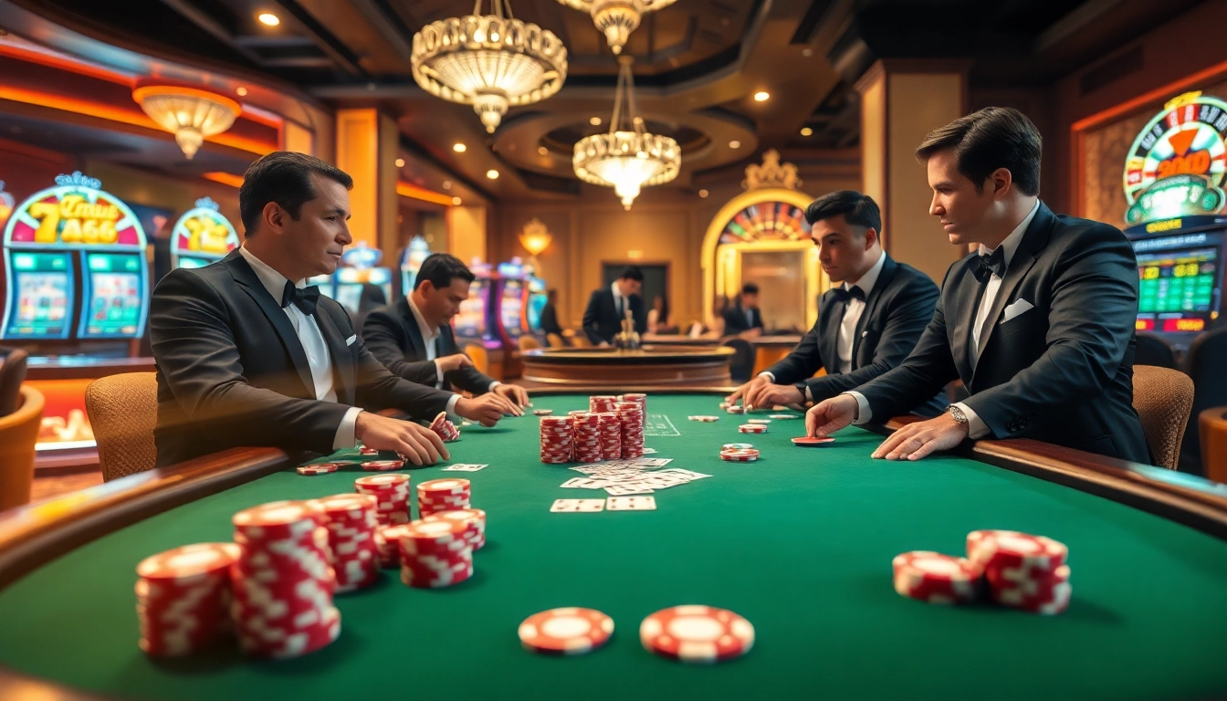 Engaged players at an SC88-themed poker table in a bustling casino atmosphere.
