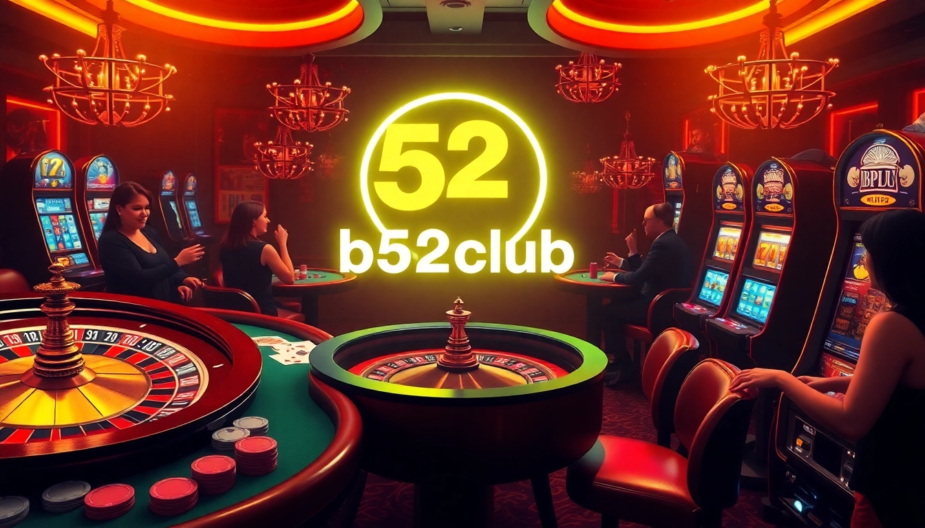 Exciting game action at b52club with players at casino tables and vibrant machines.