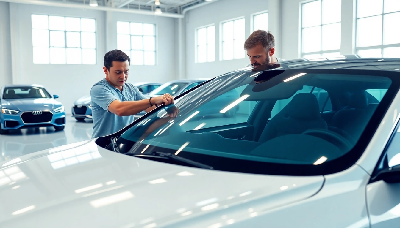 Applying paint protection film near me on a luxury car with expert precision in a bright workshop.