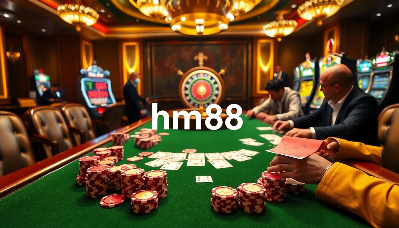 High-stakes players engage in intense gameplay at a luxurious hm88 casino table.