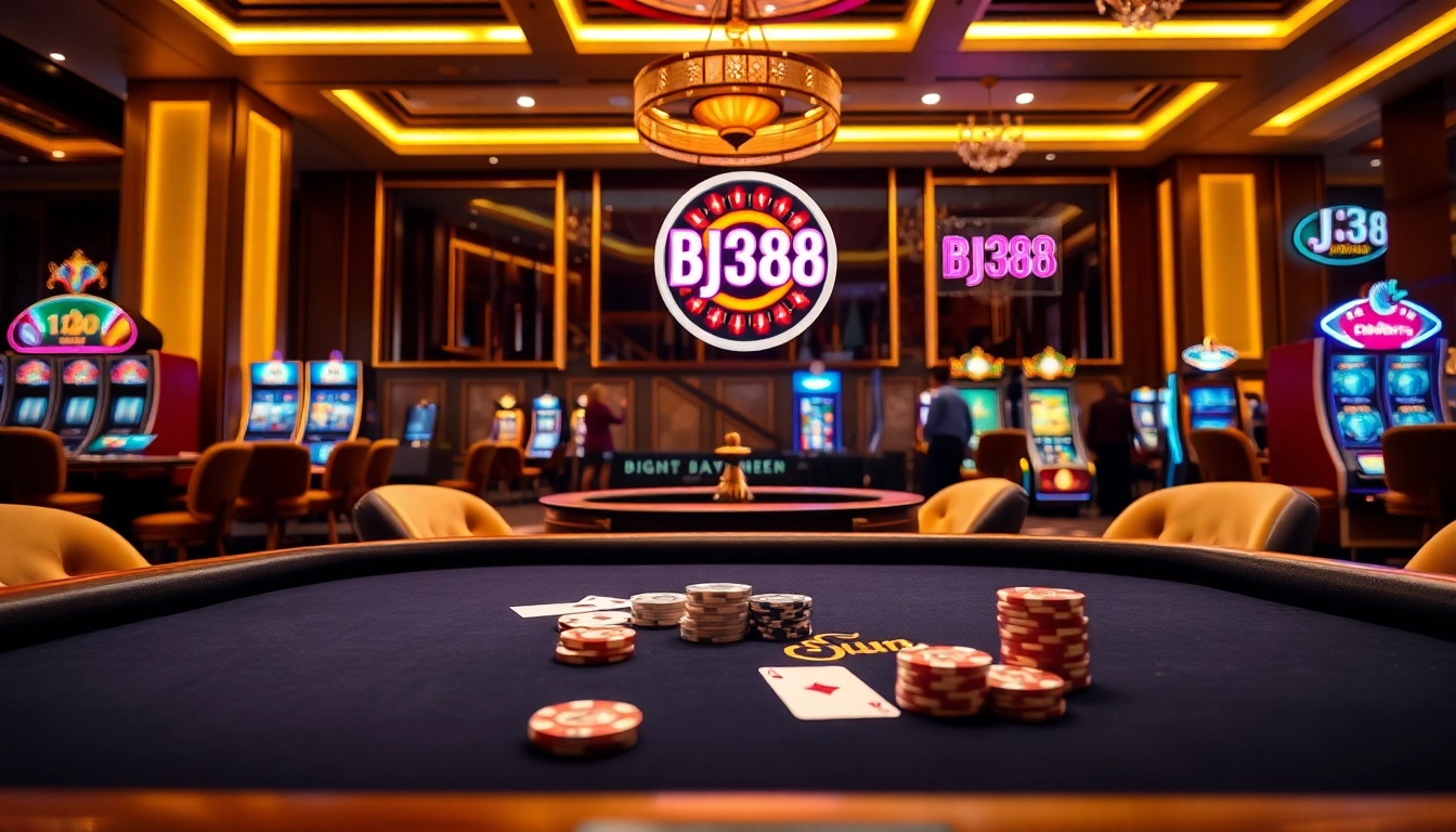 Experience the thrill of betting on BJ388 with an impressive casino backdrop and vibrant gaming elements.