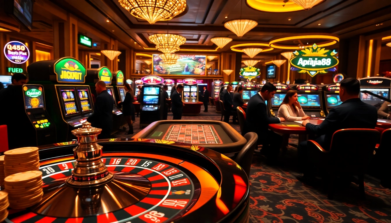 Excited players engaging with roulette and slot machines at apiraja88 casino.