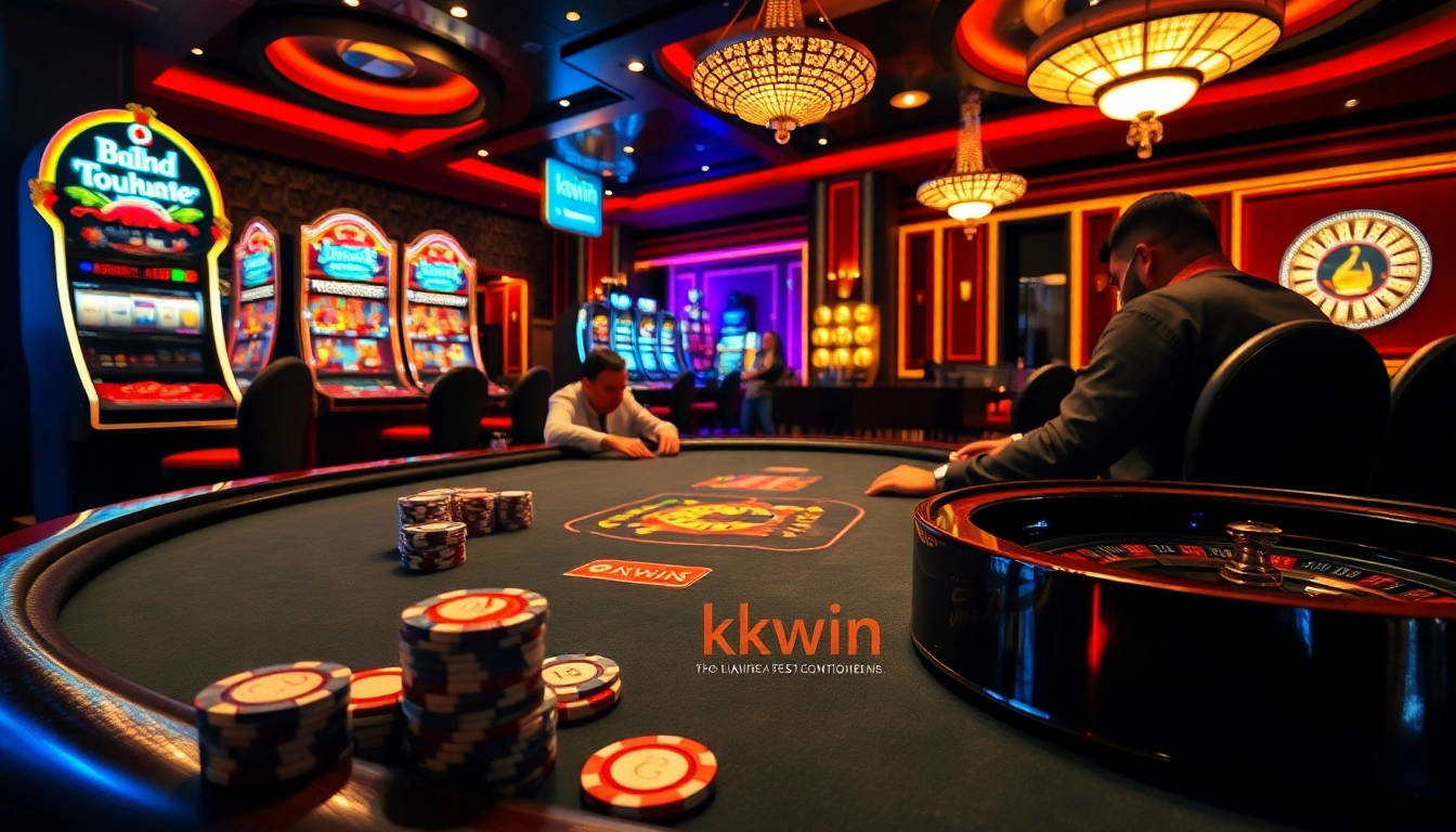 Engaging scene of kkwin poker tables and slot machines, showcasing the thrill of casino gambling.