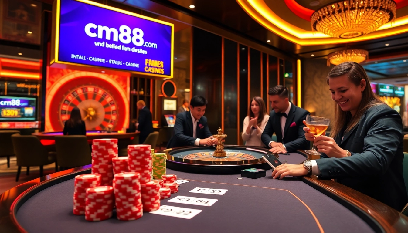 Excited gamers enjoying their experience at cm88 com in a luxurious casino setting.