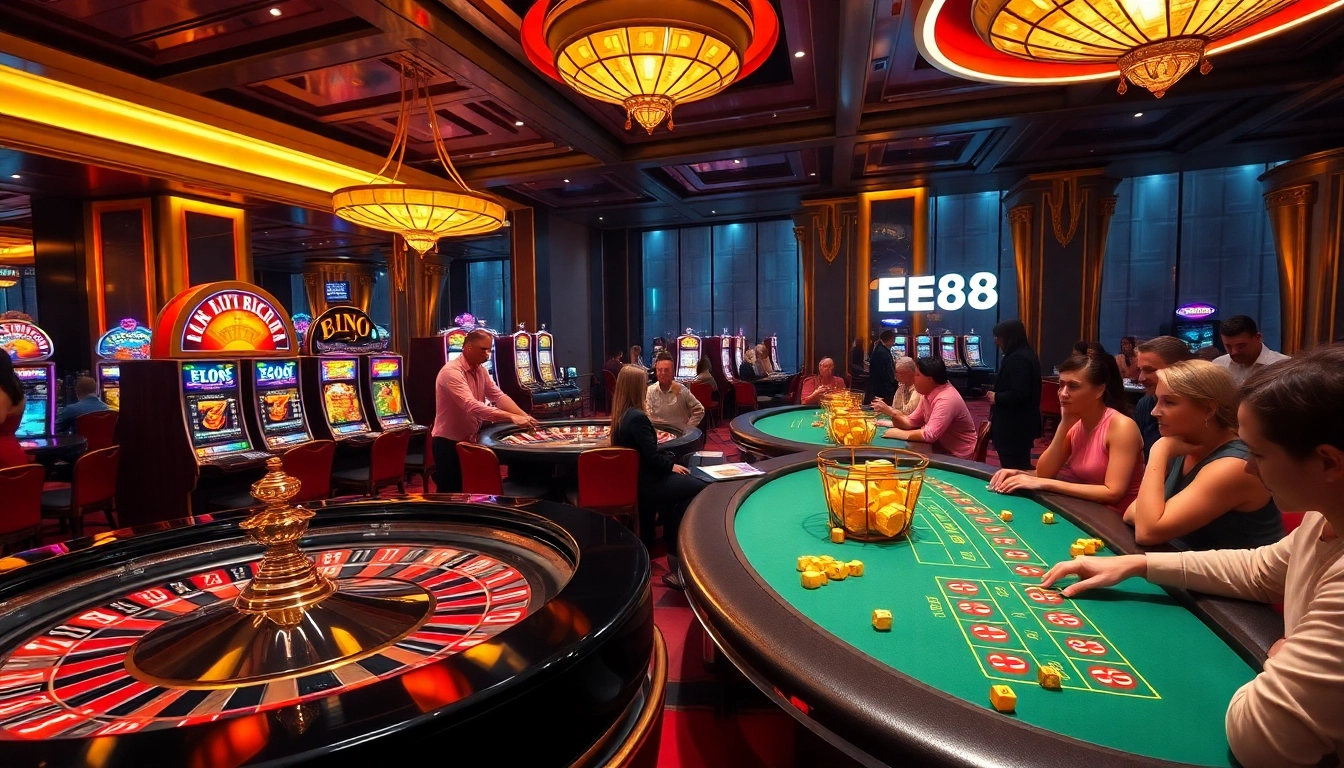 Experience the thrill of gaming at EE88 with lively casino tables and vibrant slot machines.