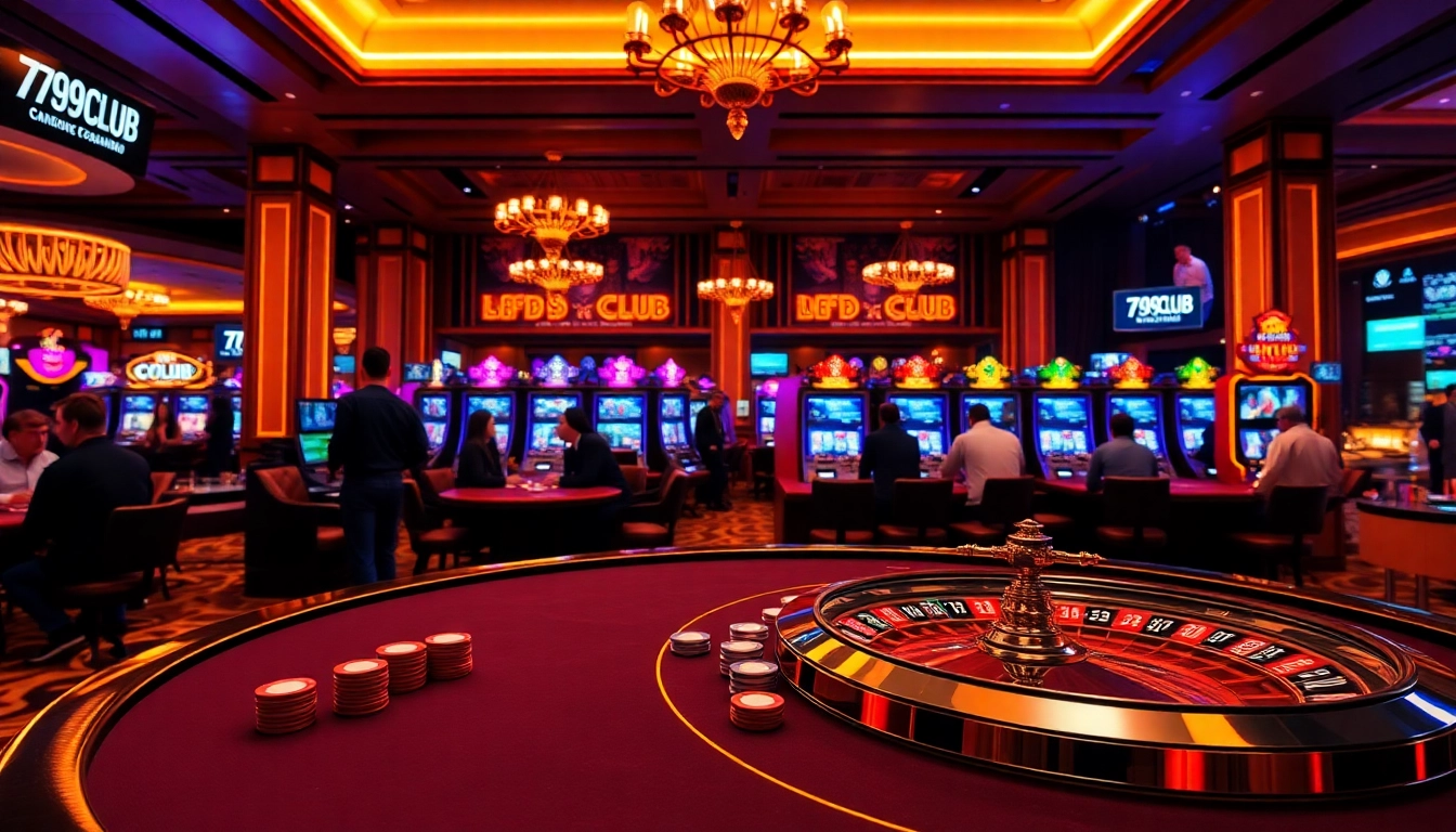 Players enjoying a vibrant casino experience at 789CLUB, featuring poker tables and slot machines.