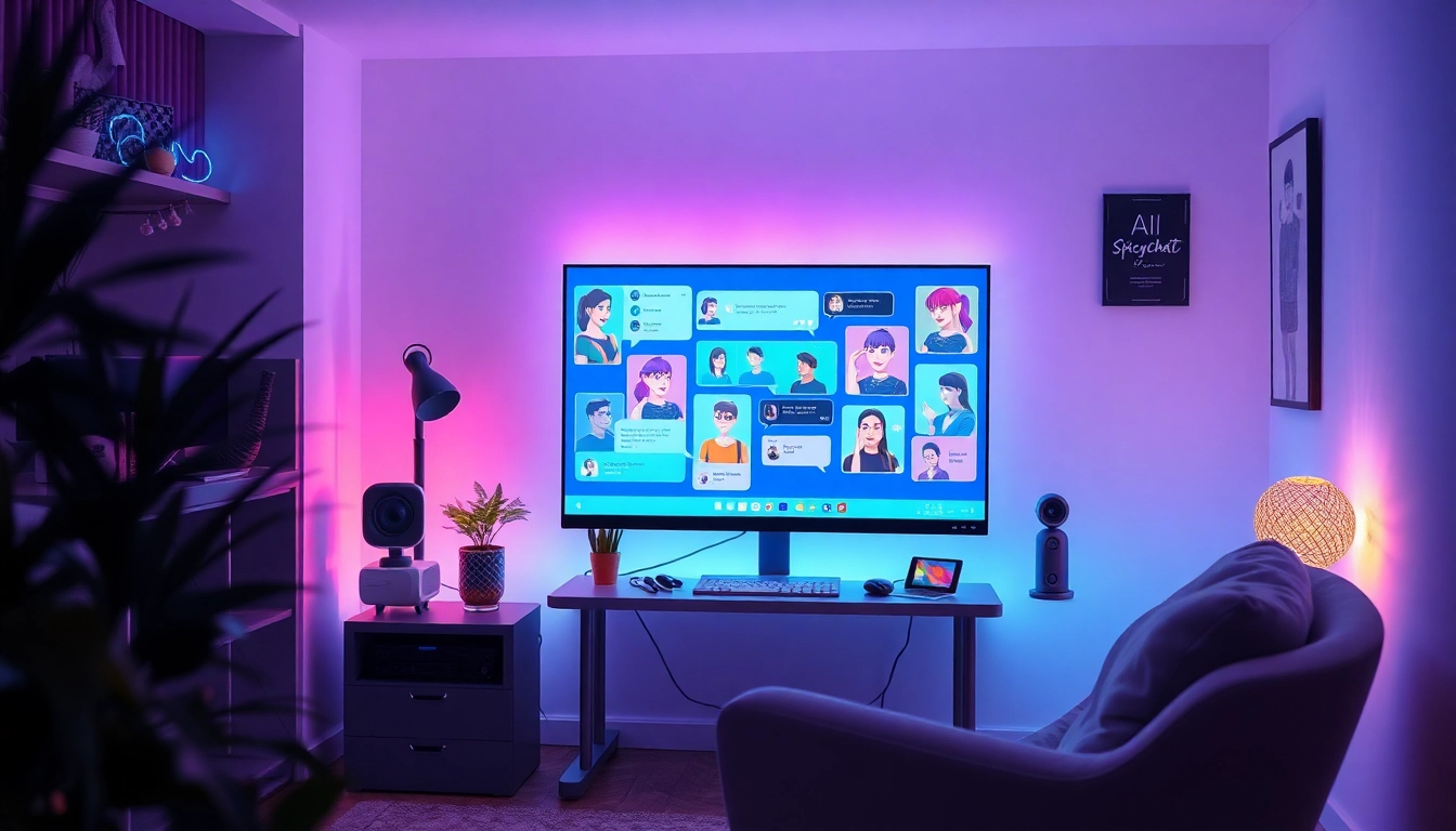 Interactive spicychat AI characters in a modern digital chatroom setup with vibrant visuals.