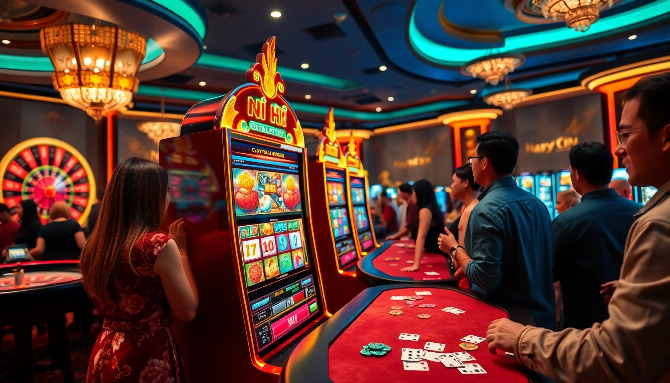 Gambling excitement at the nổ hũ slot machine, showcasing vibrant casino atmosphere with players.