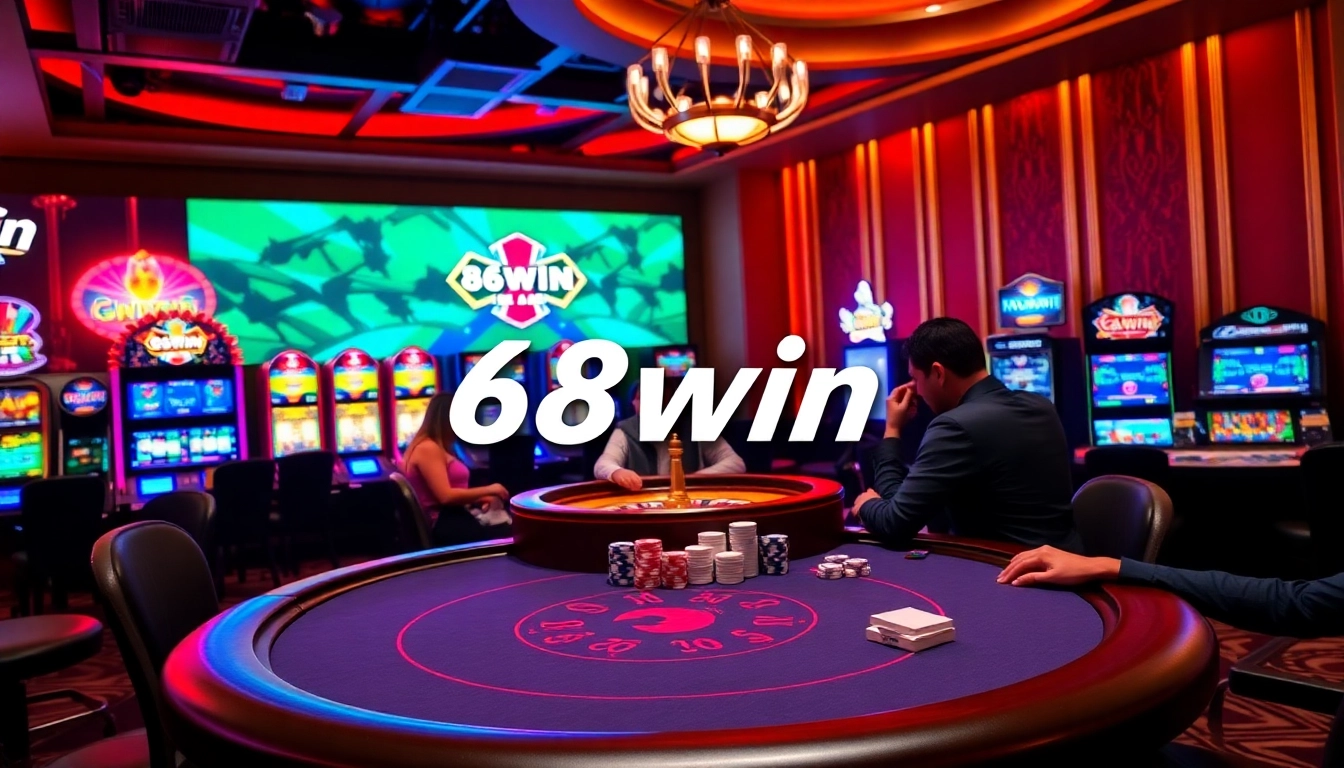 Experience excitement at 68win com with a vibrant casino scene featuring poker and slot machines.