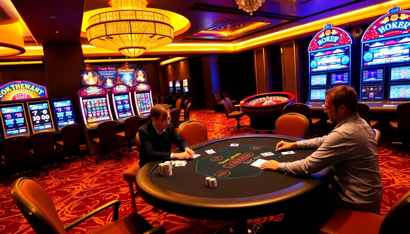 High-stakes gambling at LC88 casino with poker players and vibrant slot machines.