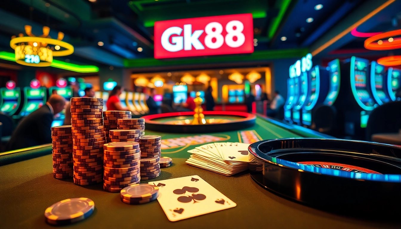 Experience the thrill of casino gaming with Gk88 poker chips and a winning hand on a vibrant table.