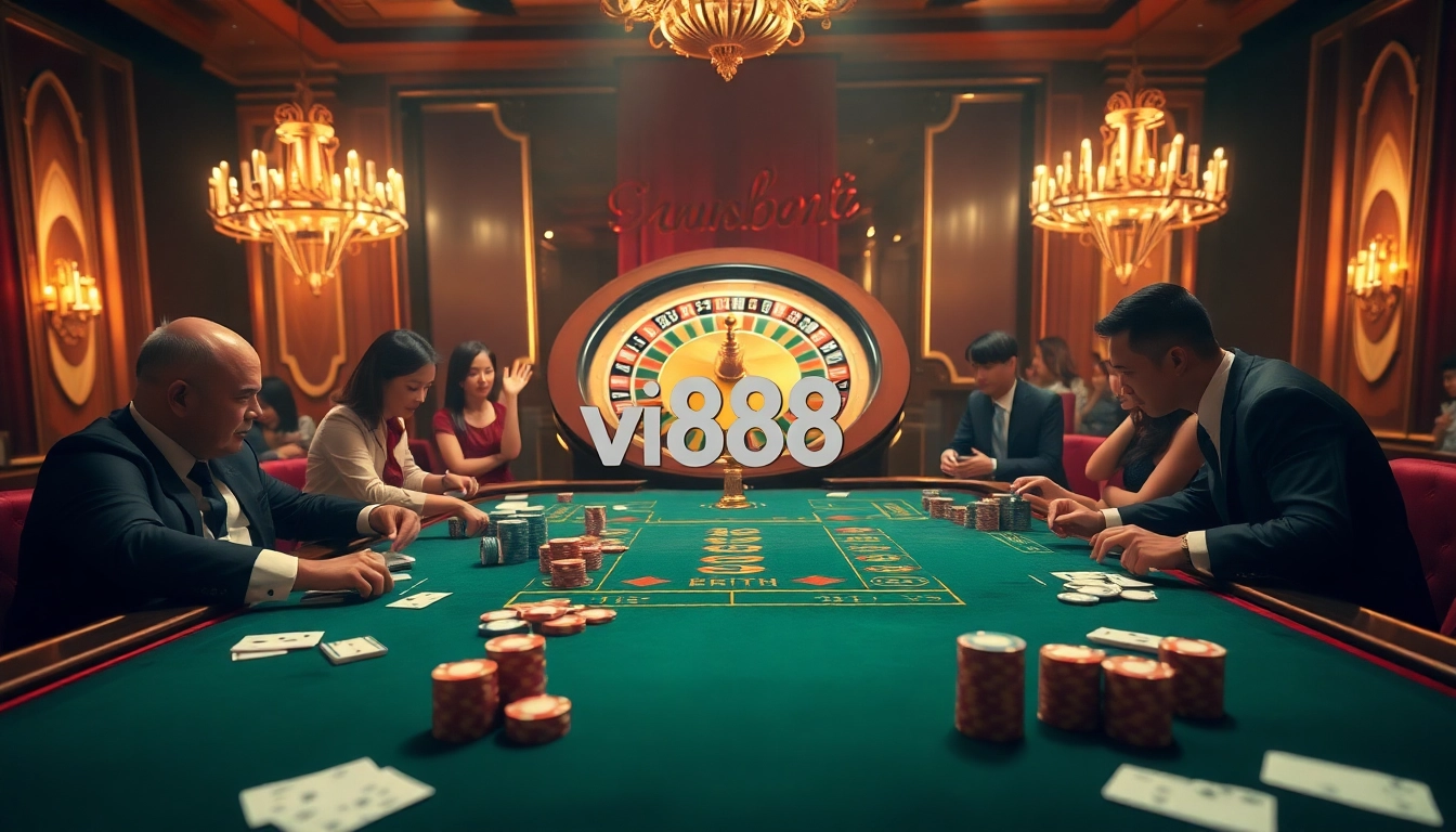 Engaging casino scene showcasing vn88 with vibrant colors and excitement at the gambling tables.