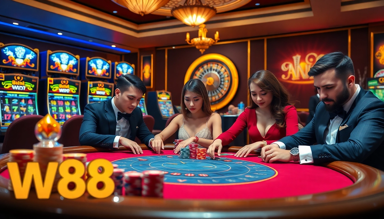 Experience thrilling poker play with W88 branding in a luxurious casino setting.