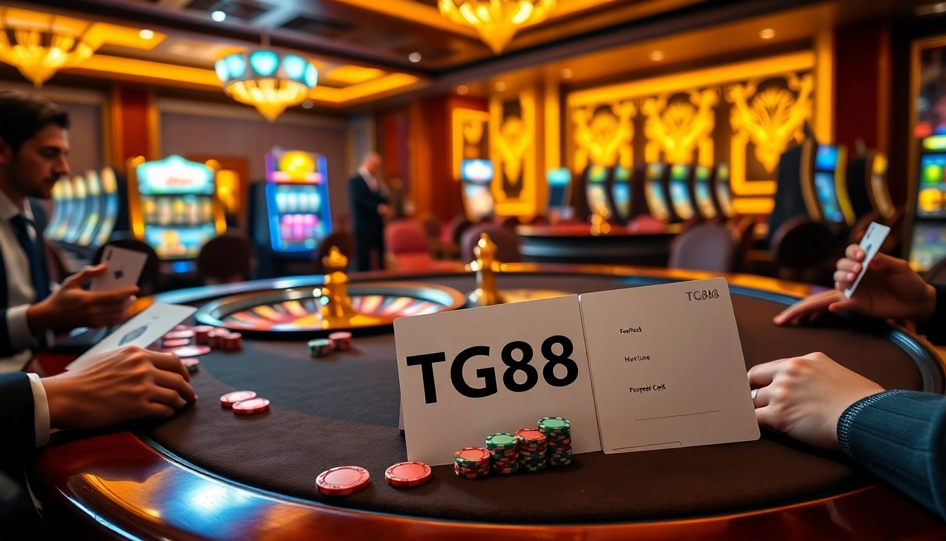 Experience thrilling poker action at the TG88 casino table with vibrant chips and exciting gameplay.