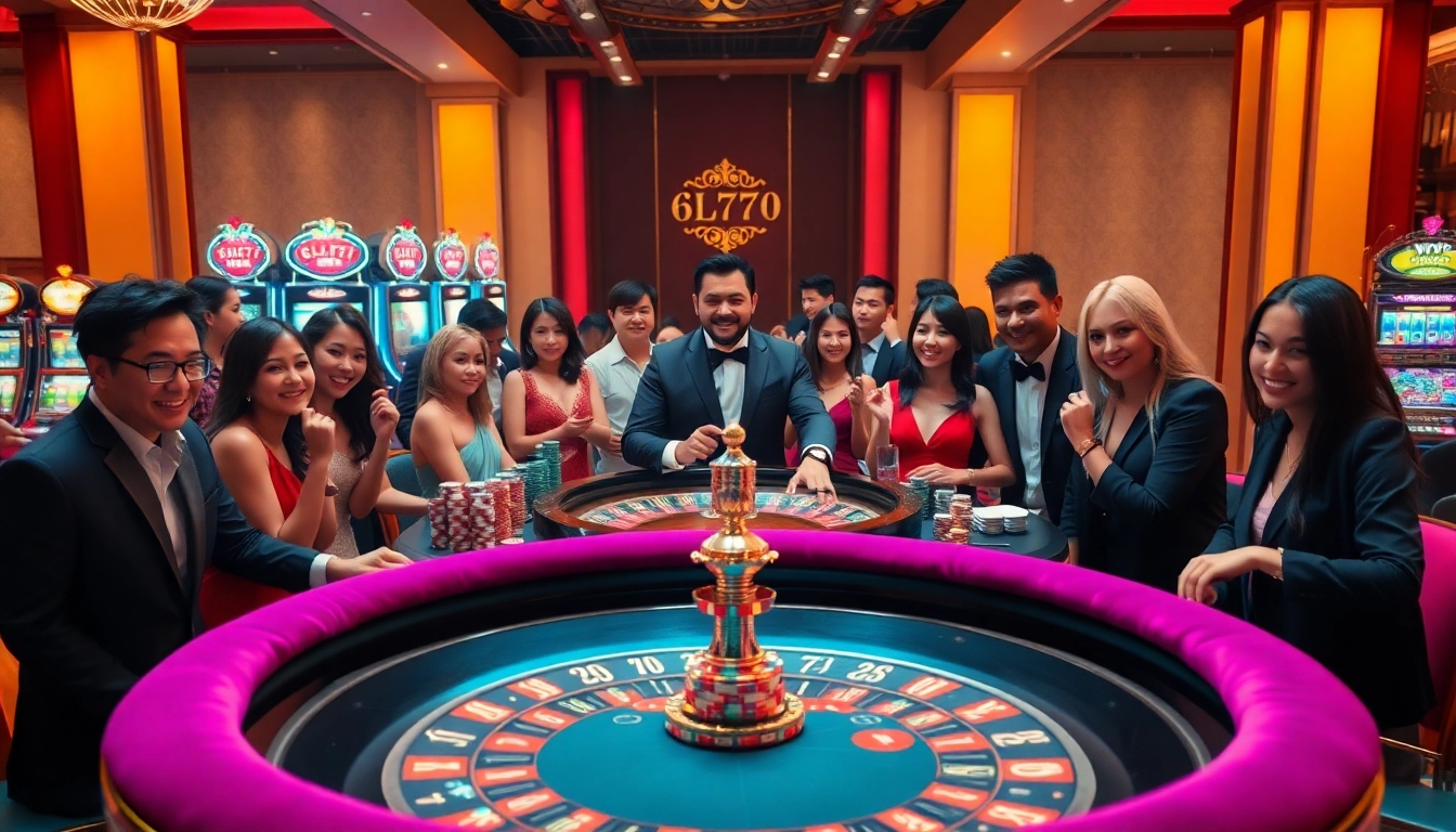 Players enjoying a thrilling roulette game at 6L777 Casino with vibrant lighting and elegance.