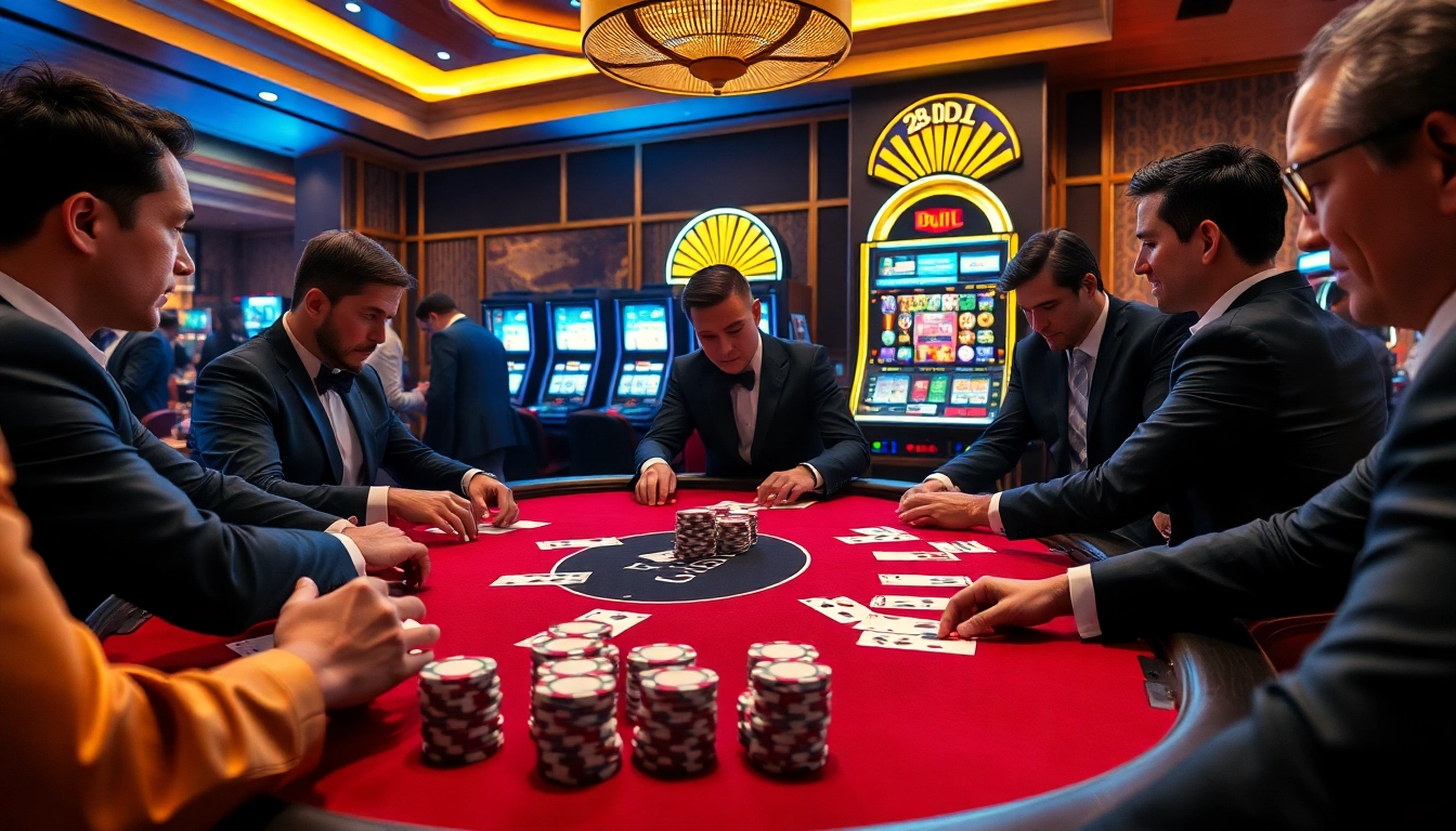 BDJL poker players strategizing at a luxurious table with vibrant slot machines.