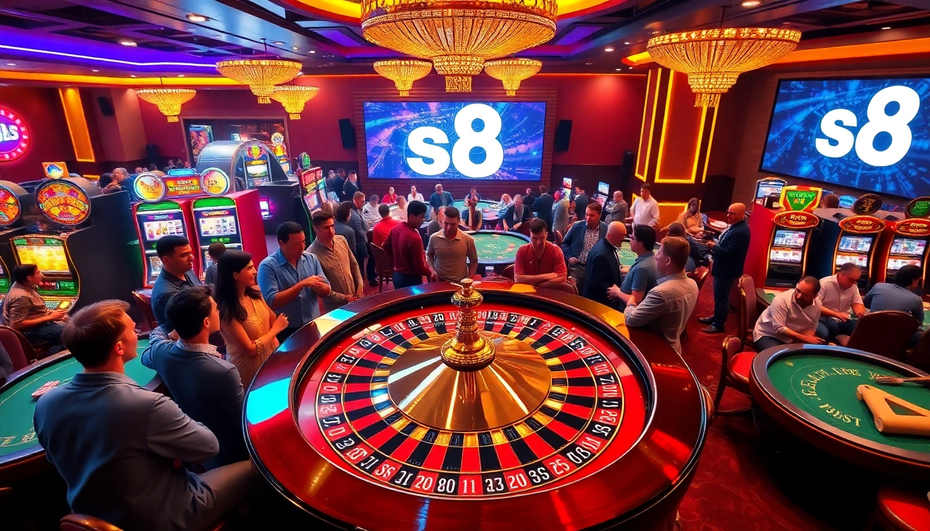 Experience the thrill of s8 gaming at a lively casino with vibrant roulette and excited players.