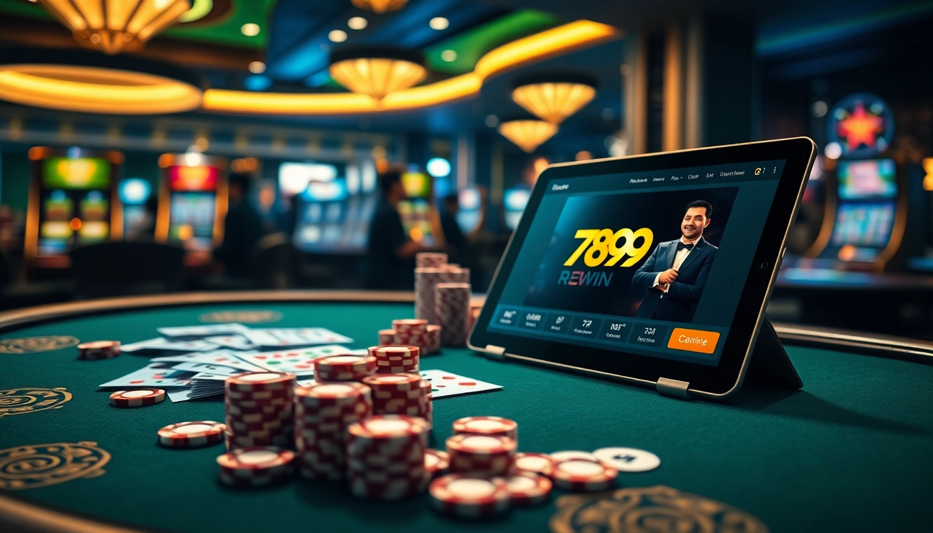 Exciting poker game scene featuring 789win with chips and cards at a luxurious table.