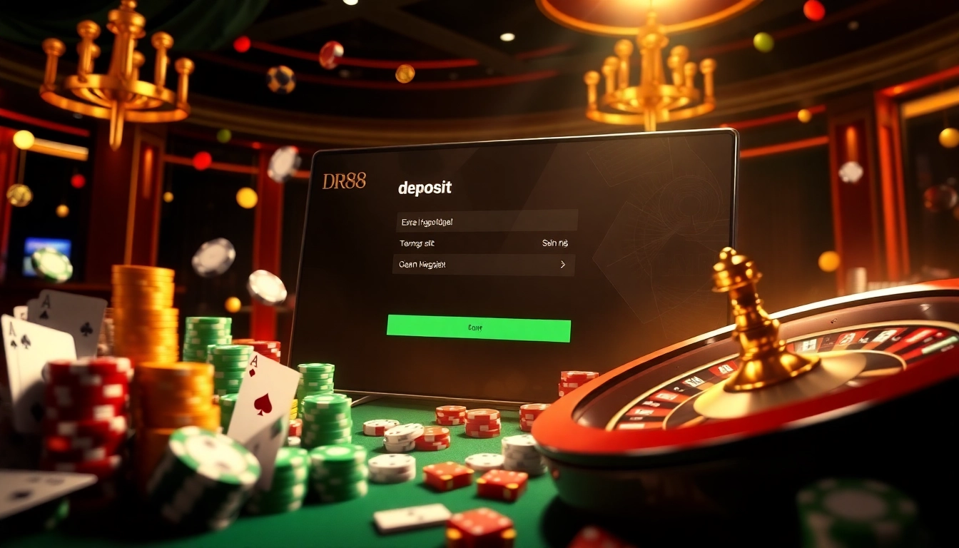 Experience the thrill of Đăng ký DR88 with an inviting online gambling atmosphere featuring poker chips and cards.