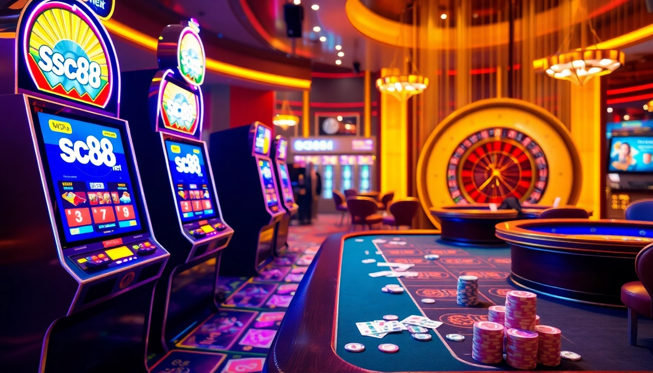 Experience thrilling gameplay with sc88 net at a luxurious casino featuring vibrant slot machines and strategic card games.
