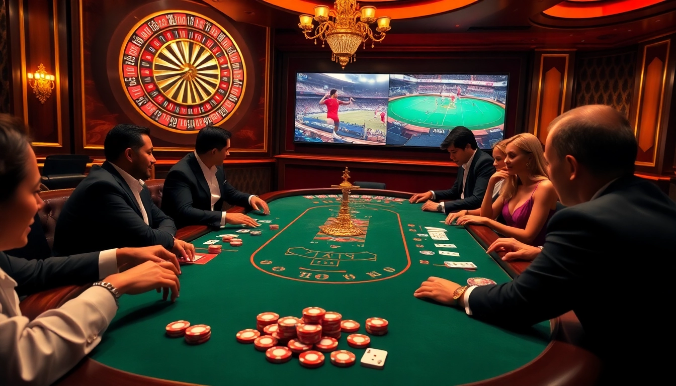 Engaged players at a luxurious casino table enjoying gambling while following lương sơn tv live football broadcasts.