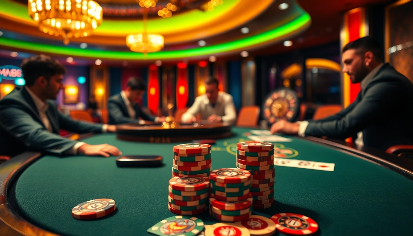 MM88 players strategizing at an elegant poker table filled with chips and cards.
