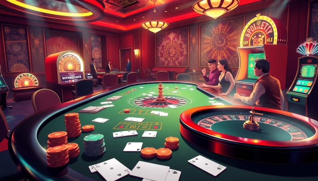 Engage in thrilling gaming at Đăng Nhập Nhà Cái 68VIP with luxurious casino tables and vibrant slot machines.