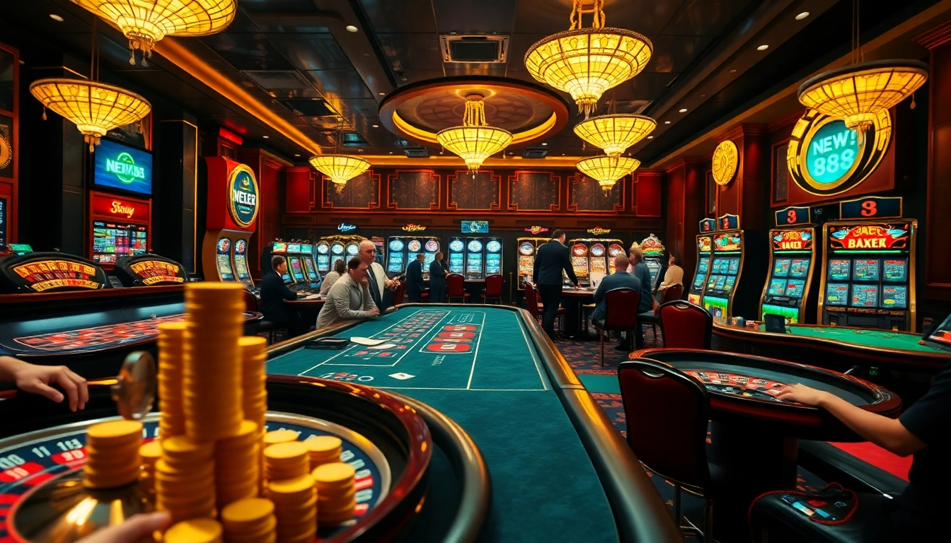 Players enjoying diverse games at NEW 88's luxurious casino, emphasizing excitement and strategy.